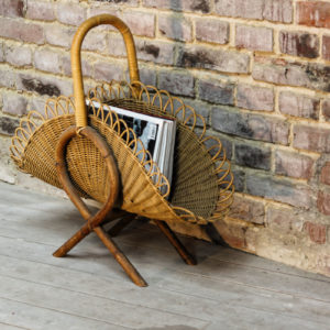 Porte revue jaune, rotin et osier, forme éventail