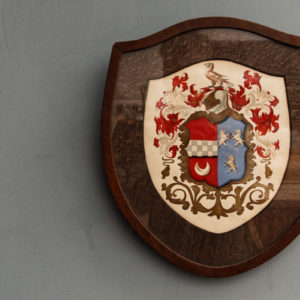 Cadre et blason en formé d'écu, à l'aquarelle