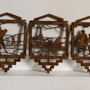 3 planches chantournées, art déco, thématique sport