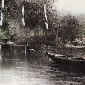 Pastel gras, barque sur un étang, encadré, signé,