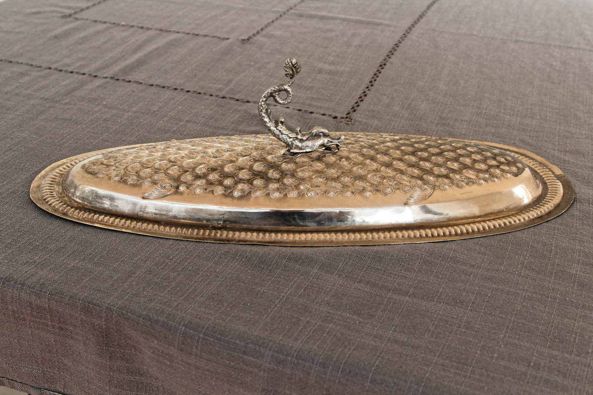 Ancien plat à poisson en métal argenté – Image 6