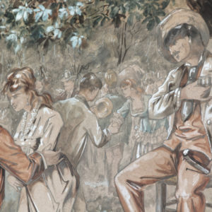 Aquarelle rehaussée, scène de bal