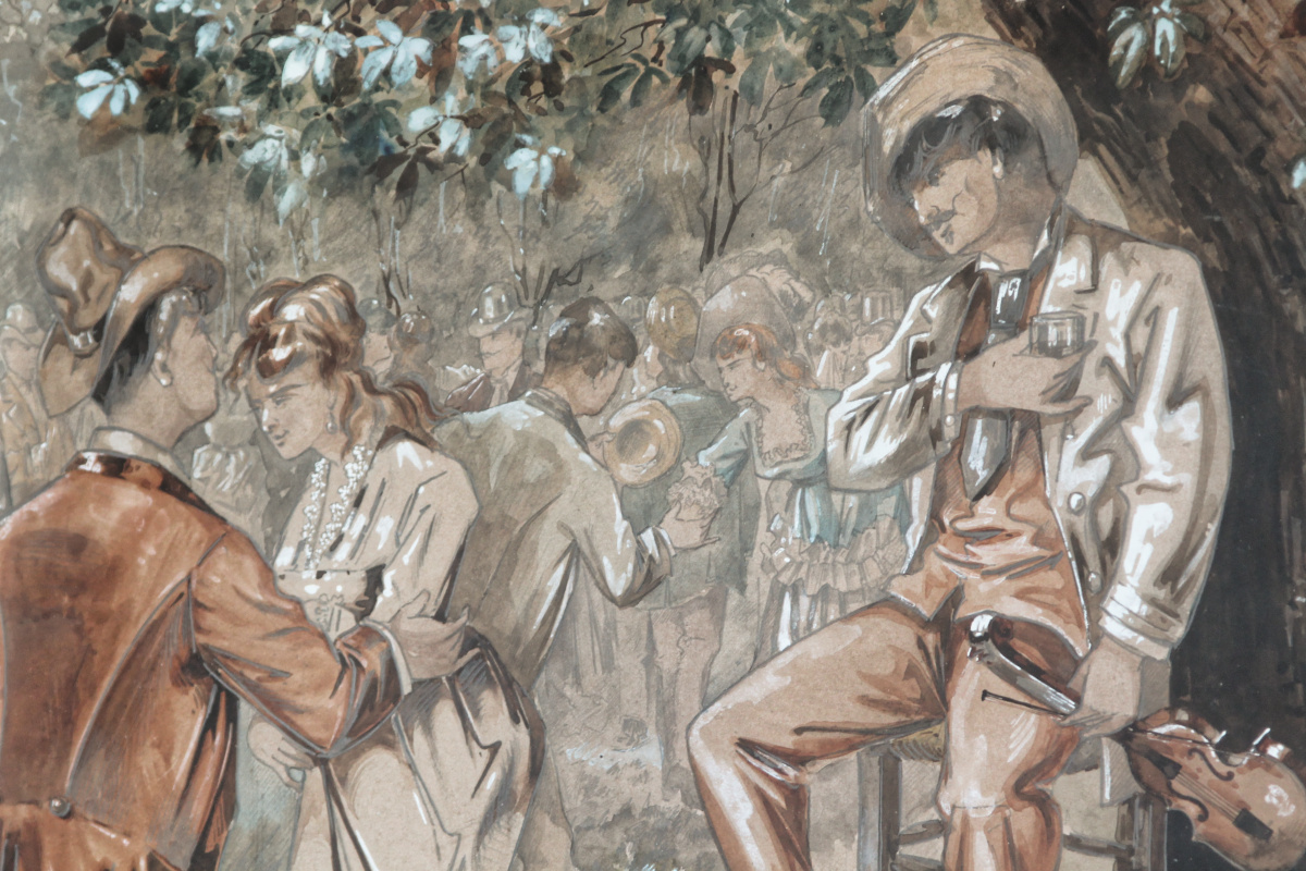 Aquarelle rehaussée, scène de bal